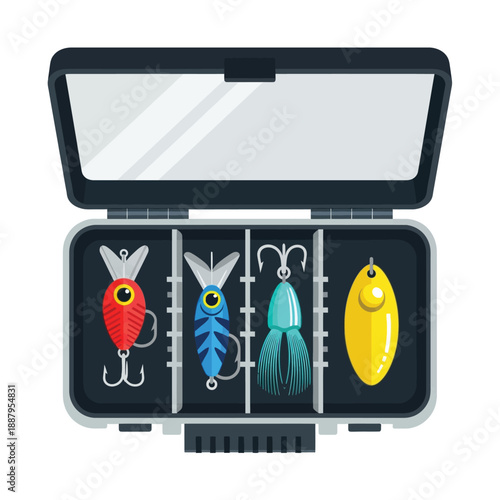 Modern Flat Design Illustration of an Open Tackle Box Filled with Various Colorful Fishing Lures, Wobblers, and Hooks