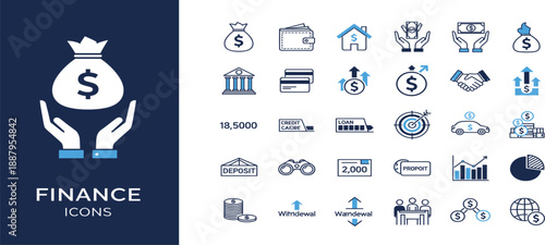 Finance Icon Set with Banking, Money, Investment, Payment, Savings, Loan, and Business Growth Symbols for Financial Services, Accounting, and Corporate Design