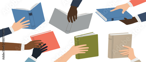 Hands Holding Books Illustration Showing Reading, Learning, Education, and Knowledge Sharing with Diverse People for Library, Study, and Literacy Concepts