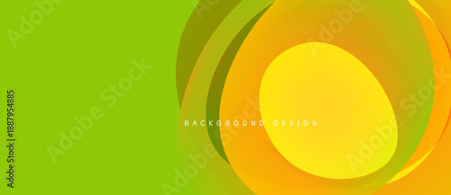Bright abstract design. Overlapping curved shapes create dynamic visual effect. Yellow, orange, green hues dominate composition. Modern aesthetic.