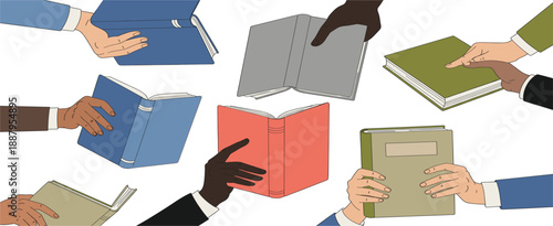 Hands Holding Open and Closed Books Illustration Showing Reading, Education, Learning, and Knowledge Sharing Concepts with Diverse People for Library and Study Design