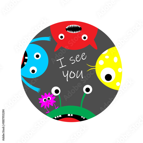 Colorful cartoon monsters with eyes staring in a circular frame.