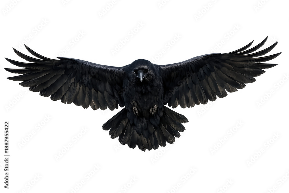 Obraz premium Black raven bird corvus corax flying with outstretched wings, isolated on transparent background, wildlife and nature concept