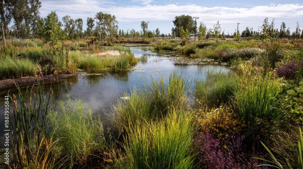 Obraz premium Human-made wetland restoration showcasing healthy biodiversity return