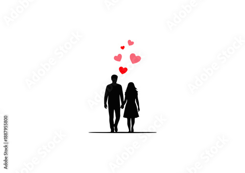An endearing silhouette illustration of a loving couple walking hand in hand, surrounded by floating hearts, beautifully symbolizing their deep affection and romantic connection