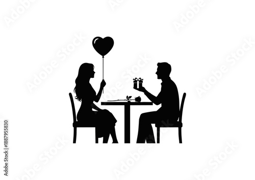 A silhouette of a couple on a romantic date, with the man presenting a gift to the woman who holds a heart-shaped balloon