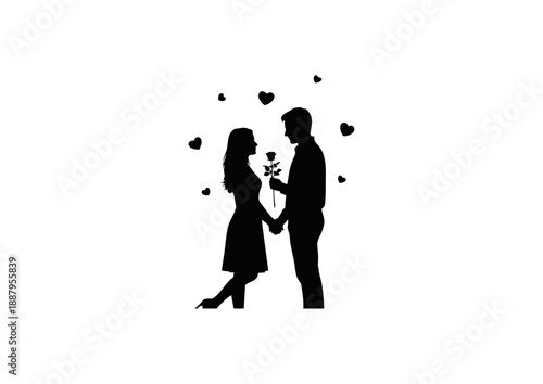 Silhouetted couple holding a rose with hearts around them, symbolizing love and romance