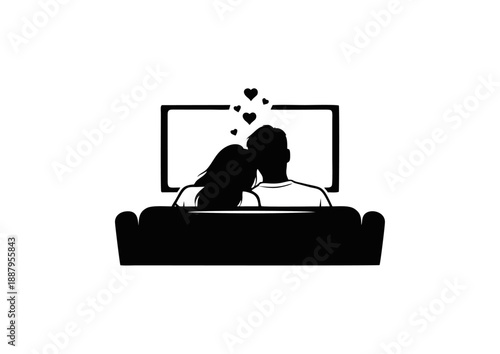 Romantic evening for a loving couple enjoying a cozy movie night at home, sharing tender moments while watching entertainment together on screen