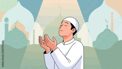 A flat design illustration showing an individual in prayer, finding inner peace and effectively managing anger through spiritual devotion during Ramadan