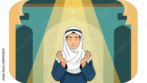 A flat design illustration showing an individual in prayer, finding inner peace and effectively managing anger through spiritual devotion during Ramadan