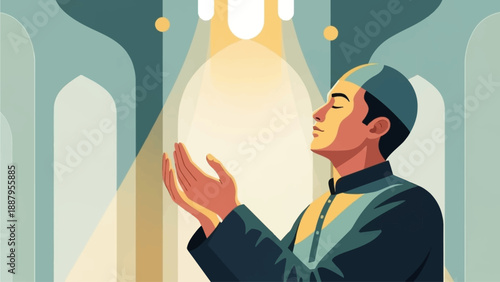 A flat design illustration showing an individual in prayer, finding inner peace and effectively managing anger through spiritual devotion during Ramadan