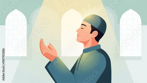 A flat design illustration showing an individual in prayer, finding inner peace and effectively managing anger through spiritual devotion during Ramadan