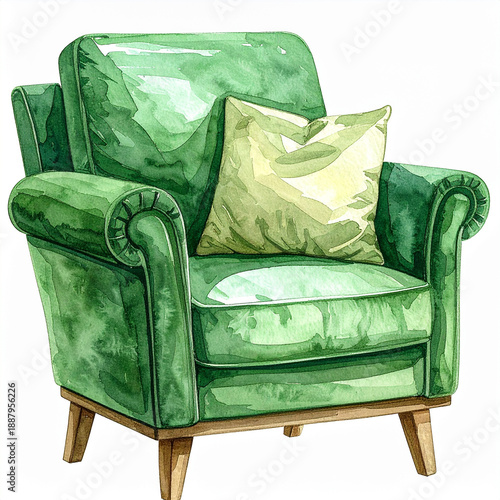 Watercolor illustration of green modern armchair with soft pillow, gentle brush strokes, hand drawn