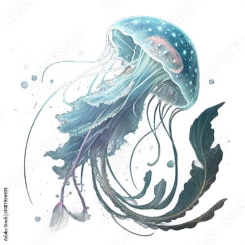 A serene freshwater jellyfish with a faint glow and soft bell swimming gently underwater, evoking a sense of tranquility and wonder.