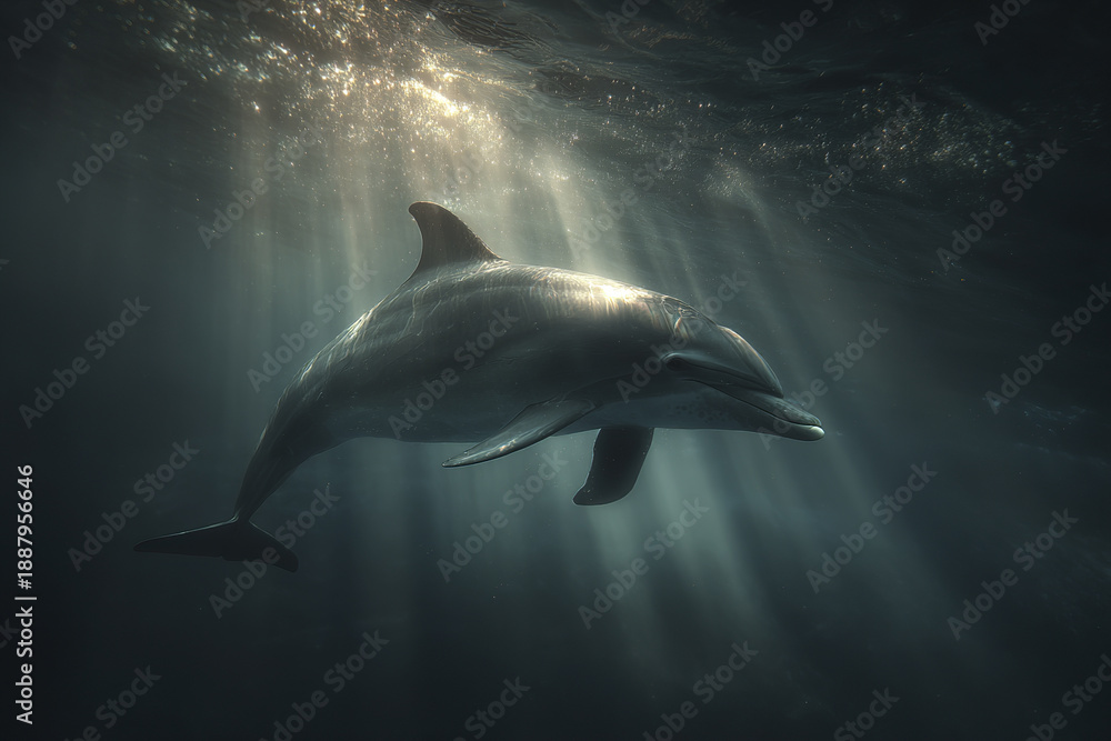 Fototapeta premium Single dolphin swimming underwater with soft light beams creating moody and serene ocean scene, highlighting smooth body and graceful movement of marine animal