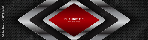 3D black red techno abstract background overlap layer on dark space with rhombus silver effect decoration. Modern graphic design element cutout style concept for web, flyer, card, or brochure cover