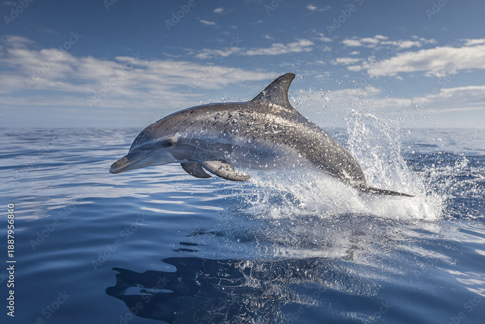 Fototapeta premium Single dolphin leaping high above ocean surface with water splashing around, under partly cloudy sky, showing dynamic motion and natural beauty
