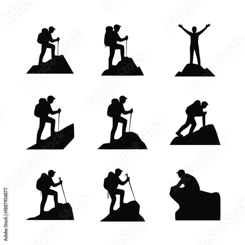 Mountain Climber Silhouette Set –Hiking, Adventure, Success and Achievement Vector Icons