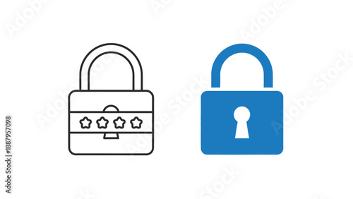 Comparison of a digital password lock icon featuring stars versus a solid blue padlock icon representing security and data protection concepts