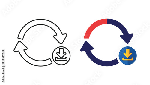 Set of two distinct refresh icons one solid filled and one outline style both incorporating a downward pointing arrow signifying a download function within a circular workflow
