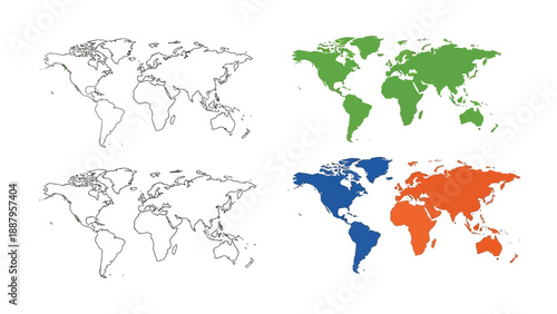 Collection of four distinct world map outlines and color variations illustrating global geography concepts for educational or design purposes