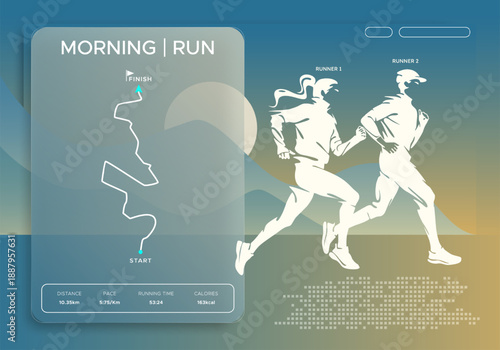 Morning run tracking interface with runners silhouettes. Modern fitness dashboard featuring route map, distance, pace, and calorie data on a clean glassmorphism background for healthy lifestyle. Sport