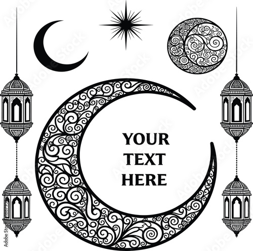 Ramadan Kareem ornamental crescent moon vector illustration with Islamic lanterns, stars and decorative floral patterns, elegant black and white greeting design