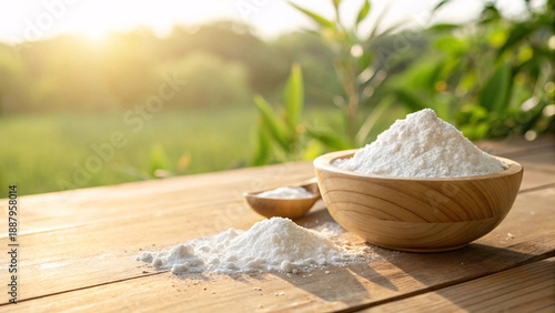 White Flour Powder in Wooden Bowl on Rustic Table with Natural Green Background