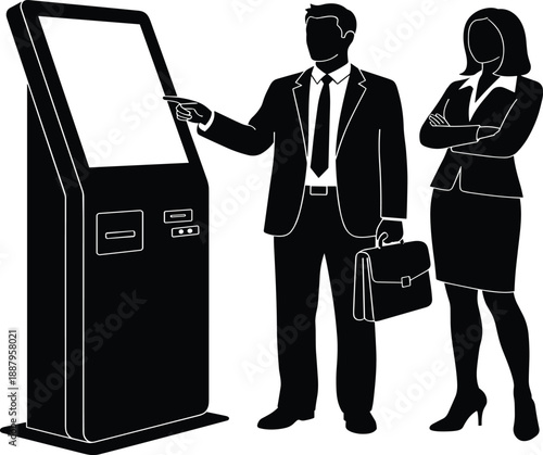 Business people using self service kiosk touchscreen machine, corporate technology interaction concept with man and woman silhouettes