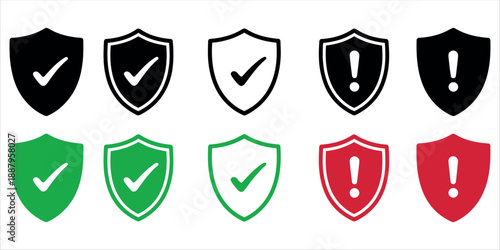 Security shield icons set with checkmark and exclamation mark symbols for protection and status vector illustration.