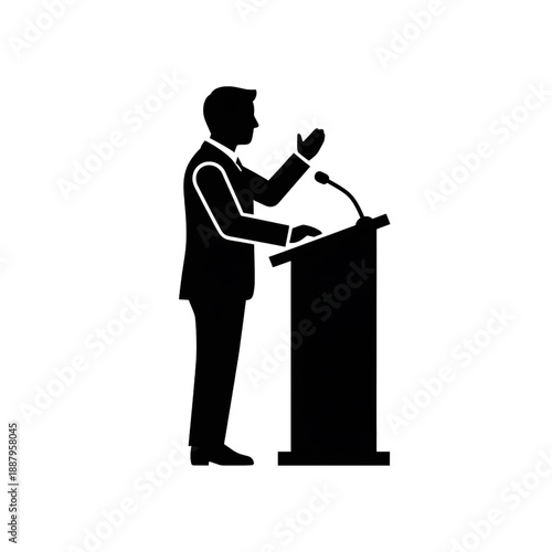 Public Speaker Silhouette Icon - Businessman Giving Speech at Podium with Microphone Vector