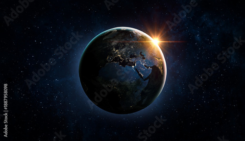 Planet Earth illuminated by sunrise against a deep space background with stars and nebulae, symbolizing global connection, science, astronomy.  Elements of this image furnished by NASA.