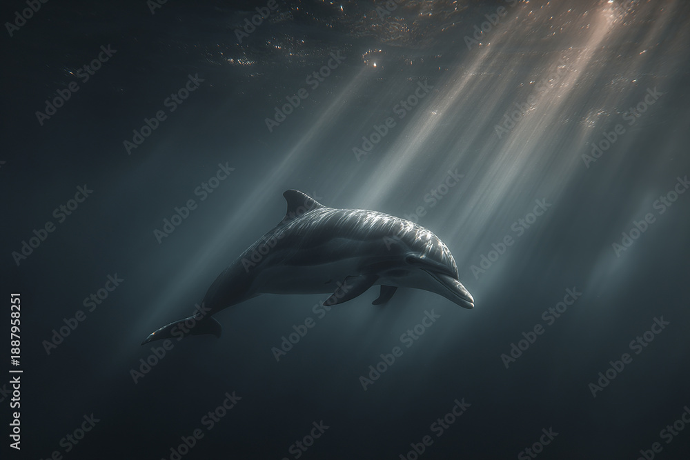 Fototapeta premium Solitary dolphin underwater with soft directional light creating peaceful and serene atmosphere in deep ocean environment