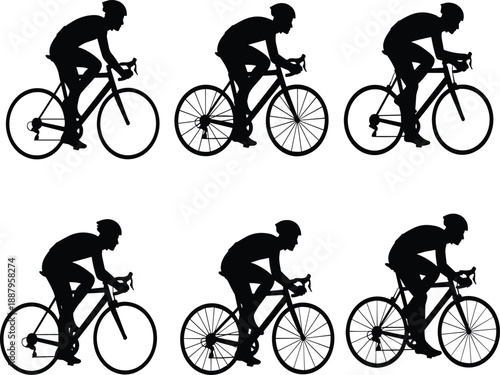 Set of cycling athlete silhouettes riding road bicycles, professional bike racers in motion, minimalist black vector icons isolated on white background