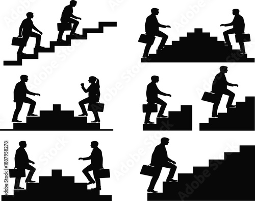 Business career growth silhouettes showing professionals climbing stairs and steps with briefcases, success progress concept, black vector illustration set isolated on white