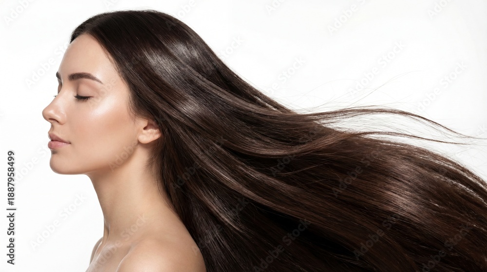 Naklejka premium Beautiful young woman's profile with closed eyes and luxurious, smooth dark brown hair dramatically blowing in the wind, showcasing healthy movement and perfect shine on white.