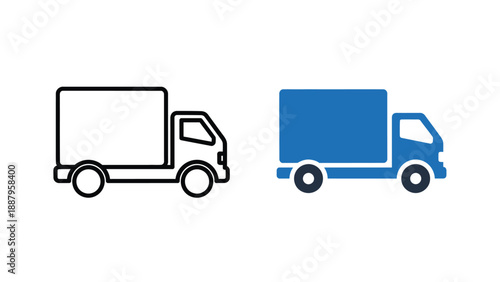 Two distinct icons representing a delivery truck one with a simple black outline and the other filled with a solid bright blue color for transport concepts