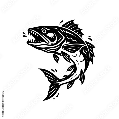 Aggressive Predatory Fish Illustration - Fierce Barracuda or Pike Jumping Silhouette Vector Art