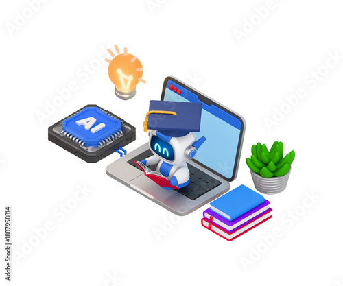 3D AI Robot Student Learning on Laptop with Graduation Cap