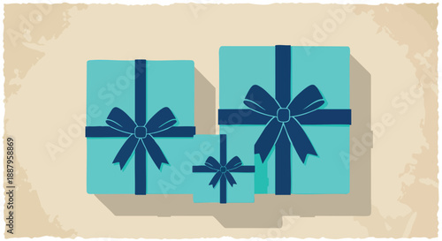 Gift boxes arranged neatly with dark blue ribbons and bows on a soft tan background with a textured border illustrating celebration and surprises