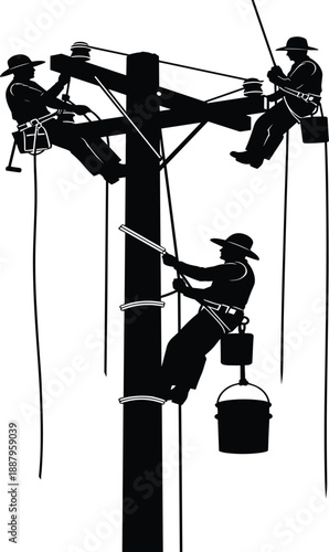 Electric line workers silhouette vector illustration, power pole maintenance technicians working at height, utility industry safety and infrastructure concept isolated on white
