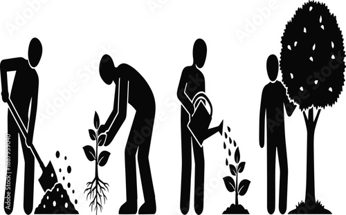 Tree Planting and Gardening Process Silhouette Vector Showing Human Growth Stages, Environmental Care, Sustainability, Nature Conservation, and Eco Friendly Lifestyle Concept