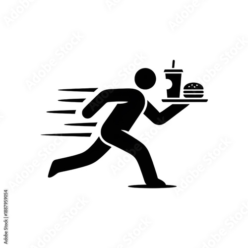 Fast Food Delivery Runner Icon - Express Service Silhouette Carrying Burger and Drink