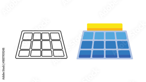 Solar panel icon set featuring a monochrome outline version alongside a flat colored illustration depicting energy collection technology