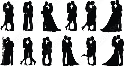 Romantic couple silhouettes set, loving man and woman kissing hugging poses, wedding romance moments, black love figures collection, isolated people shapes, cad drawing flat vector illustration
