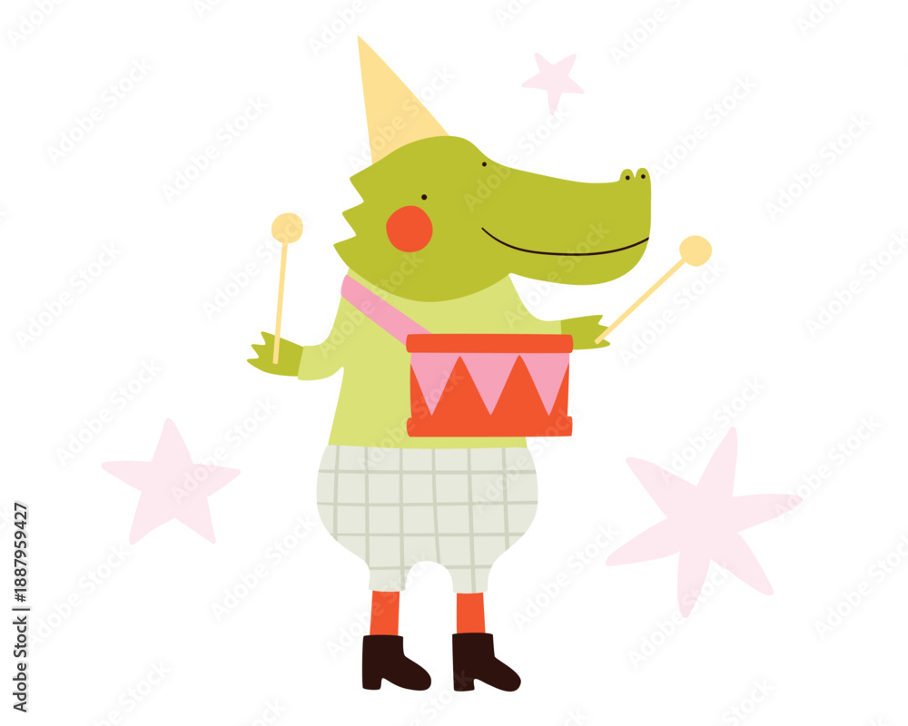 Fototapeta premium Cute baby crocodile with a drum cartoon illustration. Smiling animal in a green clothes pajamas in party hat. Little stars background. Simple green Happy birthday animal clipart for kids. Postcard.