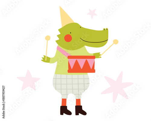 Cute baby crocodile with a drum cartoon illustration. Smiling animal in a green clothes pajamas in party hat. Little stars background. Simple green Happy birthday animal clipart for kids. Postcard.