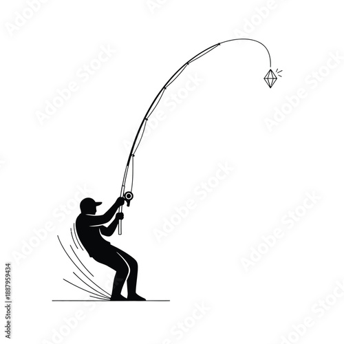 Fisherman Reeling in a Diamond Silhouette Vector Icon. Symbol of Financial Success, Goal Achievement, and Lucrative Reward.