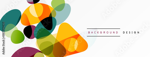 Abstract colorful shapes overlap, creating dynamic visual texture. Bright hues blend with transparency, modern design element.