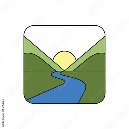 Minimalist Landscape Icon. River and Green Mountains with Rising Sun. Flat Design Nature Symbol for Travel or Outdoor App Logo.